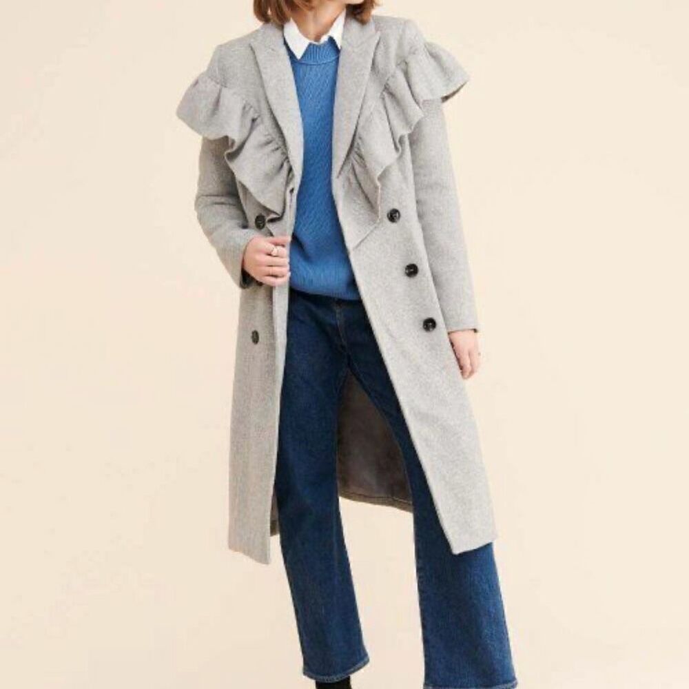 English Factory Ruffle Shoulder Button Up Coat Grey Size Small Oversized NWOT